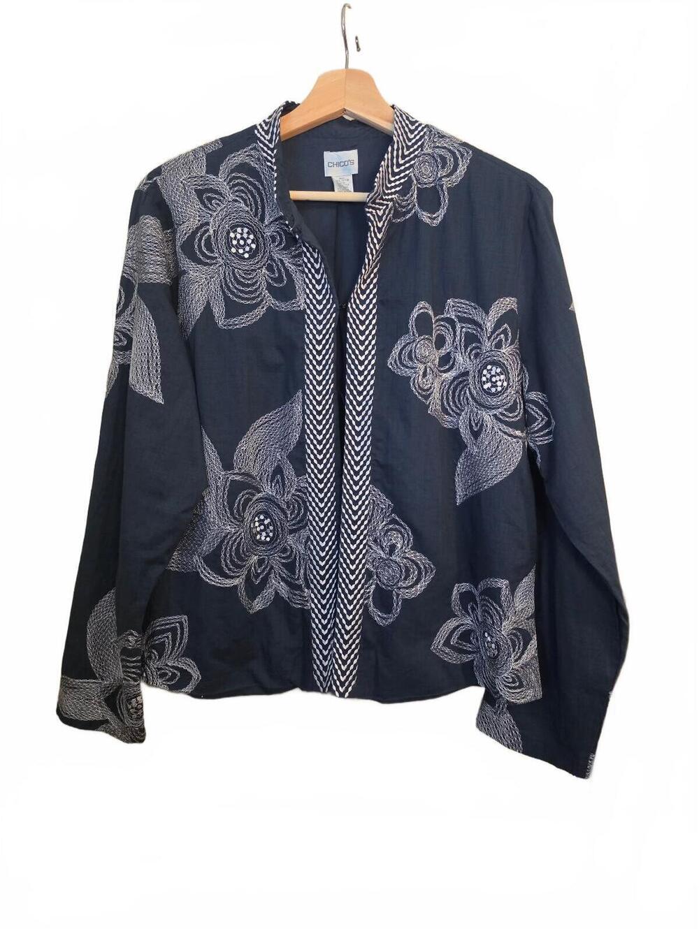 Chico's Navy Floral Embroidered Open Front Jacket Size 2